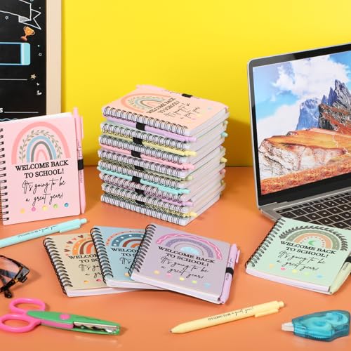 Dunzoom 40 Pcs Welcome Back to School Gifts Bulk Spiral Notebooks with Sticky Notes Motivational Pens First Day of School Notepads Party Favor for Teacher Student Classroom(Rainbow,Pastel) - style: Rainbow