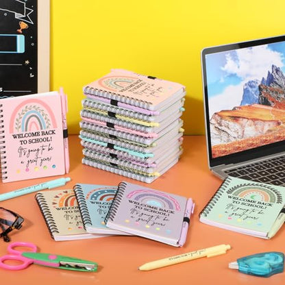 Dunzoom 40 Pcs Welcome Back to School Gifts Bulk Spiral Notebooks with Sticky Notes Motivational Pens First Day of School Notepads Party Favor for Teacher Student Classroom(Rainbow,Pastel) - style: Rainbow