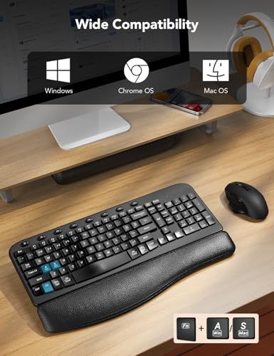 SABLUTE Wireless Keyboard and Mouse Combo with Ergonomic Wave Key | Leather Soft Palm Rest, 2.4G Full Size, 6-Button Mouse, 4-Level DPI, USB-A/C, MA12 Silent Set for PC, Laptop, Windows, macOS - color: Modern Black
