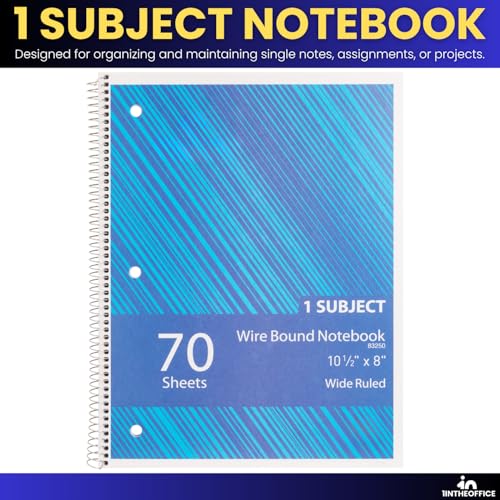1InTheOffice Spiral Notebook College Ruled, One Subject Spiral Notebook, Spiral Bound Notebook, 10.5" x 8", 3-Hole Punched, 70 Sheets, Assorted Colors, 3 Pack