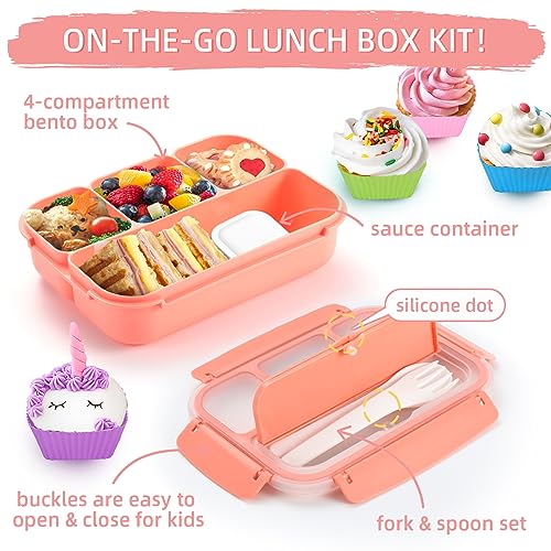 QQKO Bento Box Adult Lunch Box, Lunch Containers for Adults Men Women, Kids Lunch Boxes for School with 4 Compartments, Sauce Container, Utensils and Muffin Cups, Pink - color: Pink