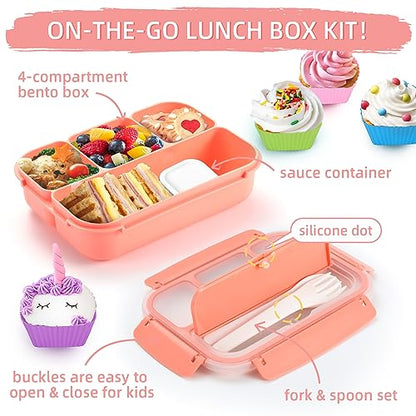 QQKO Bento Box Adult Lunch Box, Lunch Containers for Adults Men Women, Kids Lunch Boxes for School with 4 Compartments, Sauce Container, Utensils and Muffin Cups, Pink - color: Pink