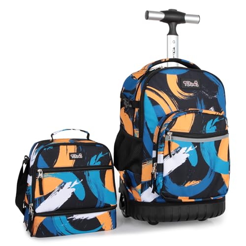 Tilami Rolling Backpack & Lunch bag for Kids 19 Inch Wheeled Bookbag for Boys & Girls for School & Travel,Arts orange - color: Arts Orange