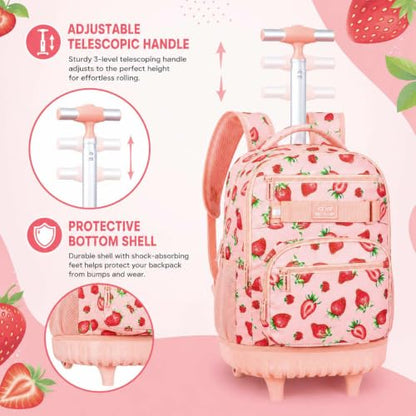 HPJGD Rolling Backpack for Girls, Womens Strawberry School Backpacks with Wheels, Water-Resistant Roller Kids Wheeled Bookbag Set with Lunch Box - color: Pink Strawberry Rolling Set