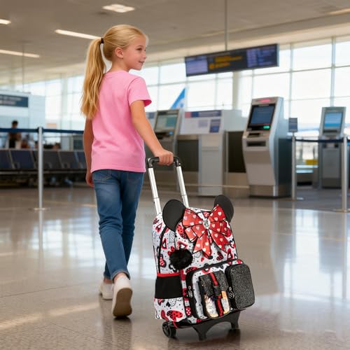 Meetbelify Girls Rolling Backpack with Wheels Kids Wheels Backpack for Girls - color: Bowknot Red