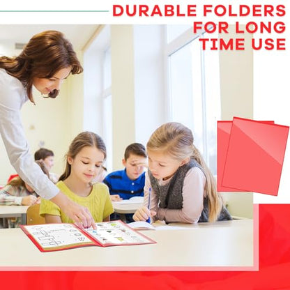 Henoyso 48 Pcs Red School and Home 2 Pocket Folders with 4 Clear Inner Pockets Plastic Heavy Duty Homework Folders Parent Teacher Communication for Student Home Office Classroom,11 x 9 Inch - color: Red