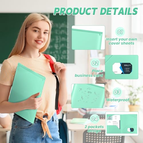 Henoyso 36 Pack Light Green Plastic Folders with Clear Front Pockets Heavy Duty File Folders with 2 Pockets and Card Slot for Student Communication School Office Presentation Report - color: Light Green