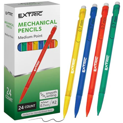 EXTRIC Mechanical Pencils 0.7 mm with Erasers, Medium Point Lead, HB number 2, Assorted Barrels, 24-Count Pack, Perfect for Writing and Drawing - size: 24 Count (Pack of 1)
