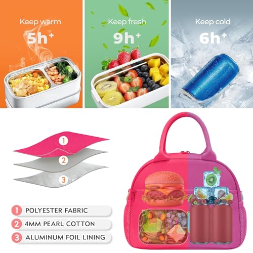 Lunch Bag for Girls and Women, Cute Preppy Lunch Bag with Chenille Letters, Insulated Large Capacity Lunch Tote with Detachable Strap for School, Work & Picnic, Rose Red - color: Rose Red