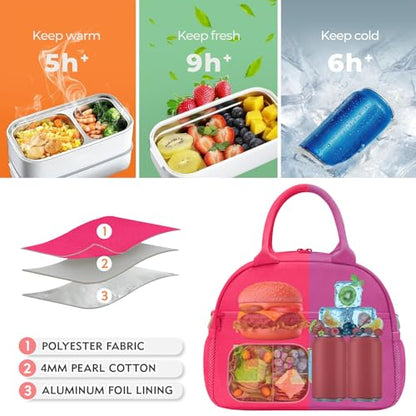 Lunch Bag for Girls and Women, Cute Preppy Lunch Bag with Chenille Letters, Insulated Large Capacity Lunch Tote with Detachable Strap for School, Work & Picnic, Rose Red - color: Rose Red