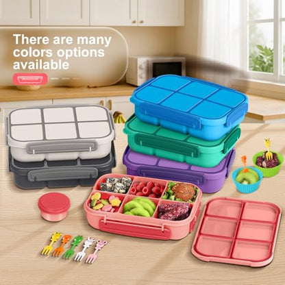 Amathley Lunch Box Kids Girls Boys,Bento Box Adult,Toddler Lunch Containers for School,Leakproof Snack Containers with 6 Compartments,Sauce Container,10 Food Picks and 4 Muffin Cups (Pink) - color: Pink