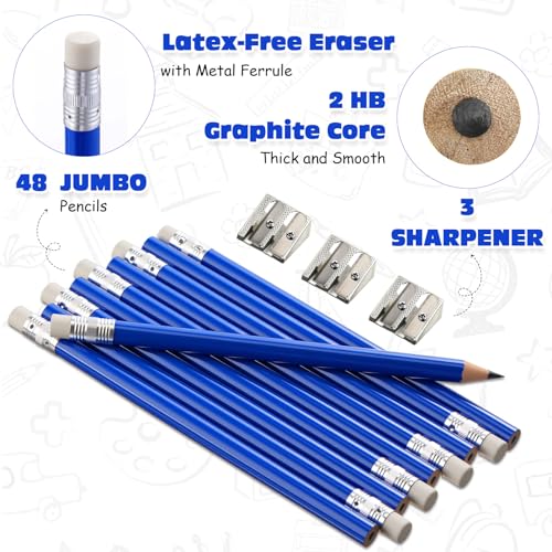 Fainne 48 Pcs Fat Pencils Jumbo Big Thick Large Pencils and 3 Pieces Sharpeners for Kids Beginners Preschoolers Kindergarten School Office Supplies (Blue+silver,Round) - color: Blue+Silver, style: Round