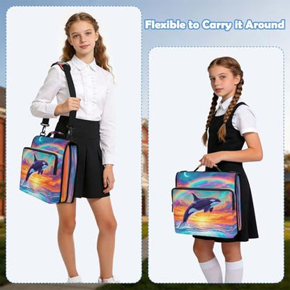 Dolphin 2-inch 3 Ring Zipper Binder with Shoulder Strap Holds 14 Inch Laptop for Students and Office - color: Rainbow Dolphin