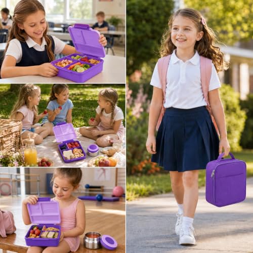 Itslife Bento Lunch Box for Kids with 8oz Soup Thermo&Lunch Bag, Leak-Proof Lunch Food Containers with 4 Compartment, Hot Food Insulated Food Jar for Kids School (Purple) - color: Purple