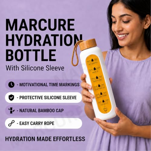 1 Litre Borosilicate Glass Water Bottle, Motivational Hydration Tracker Bottle with Bamboo Lid, Protective Silicone Sleeve | Reusable Bottle, Leak-Proof, BPA-Free, Time Marker, White - color: White