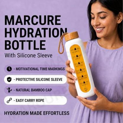 1 Litre Borosilicate Glass Water Bottle, Motivational Hydration Tracker Bottle with Bamboo Lid, Protective Silicone Sleeve | Reusable Bottle, Leak-Proof, BPA-Free, Time Marker, White - color: White
