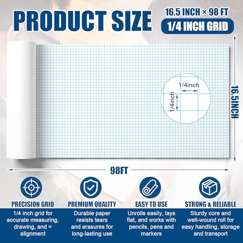 Jetec 1 Roll Large Grid Graph Paper Roll 1/4'' Grid 16.5 Inch x 98ft Engineering Drafting Paper for Blueprint School Classroom Graphing Supplies Engineer Architect Designer Mathematician Gifts - color: 1/4'' Grid, size: 16.5 Inch X 98ft