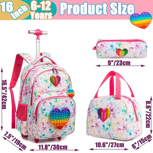 Meetbelify Rolling Backpack for Girls Wheels Backpacks for Elementary Student Kids Wheeled Trolley Trip Luggage for Teen Girls with Lunch Box Pencil Case - color: 01 Love