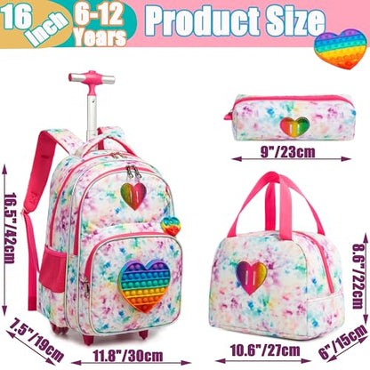 Meetbelify Rolling Backpack for Girls Wheels Backpacks for Elementary Student Kids Wheeled Trolley Trip Luggage for Teen Girls with Lunch Box Pencil Case - color: 01 Love
