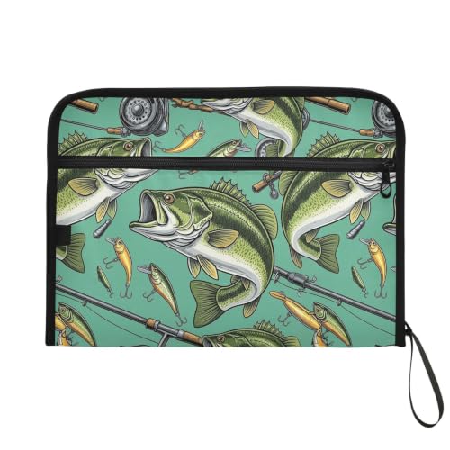 Gredecor 13 Pockets File Folder Organizer A4/Letter Water Resistant Document Bag with Zipper Filing Folder Expanding File Pouch Storage for School Office, Bass Fish Fishing Rod Baits - color: Bass Fish Fishing Rod Baits