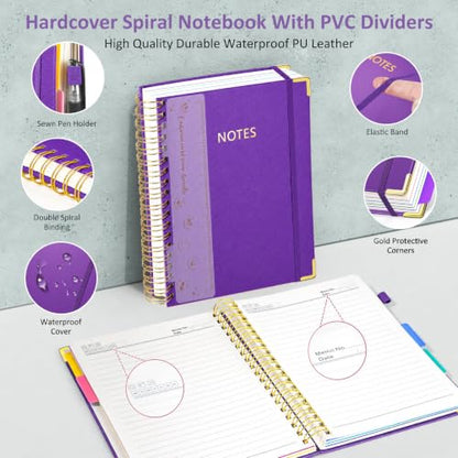Hardcover Spiral Notebook Journal with Removable PVC Dividers - 8'' x 10'' Large 300 Page B5 Hardcover Leather College Lined Journals Notebook for Work Note Taking Office Home School Supplies, Dark purple - color: dark purple