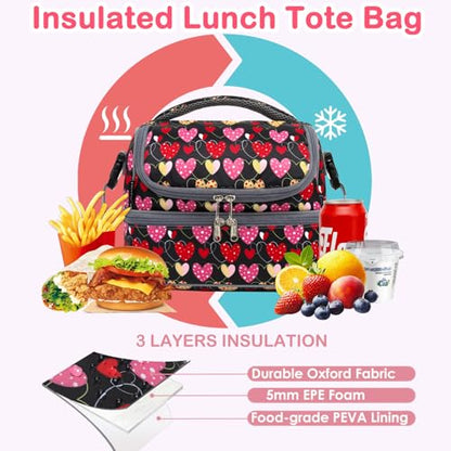 FlowFly Double Decker Cooler Insulated Lunch Bag Large Tote for Boys, Girls, Men, Women, With Adjustable Strap,Heart - color: Heart