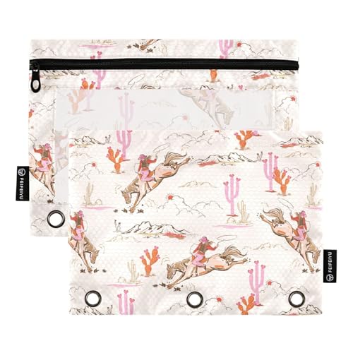 Western Cowgirl Cactus Pink Pencil Pouch for 3 Ring Binder 2 Pcs Binder Pouches with Zipper Pocket Pencil Case Bag with Clear Window for Office Work School Supplies - color: Western Cowgirl Cactus Pink