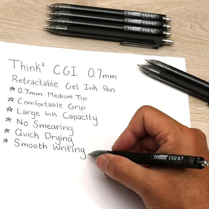 [24 Pens - Black Ink] Think2 0.7mm CGI Retractable Gel Pens. (24 Black) Medium Point Rollerball Pens with Smooth Quick Drying Ink. - color: Black