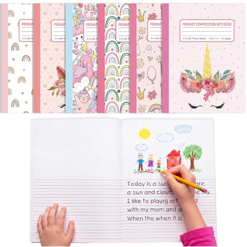 Gueevin 6 Pack Unicorn Primary Composition Notebook with Picture Space Bulk for Grades K-2 110 Page 8.5 X11'' Half Primary Journal K-2 Drawing Story for Back to School First Day of School - style: Unicorn