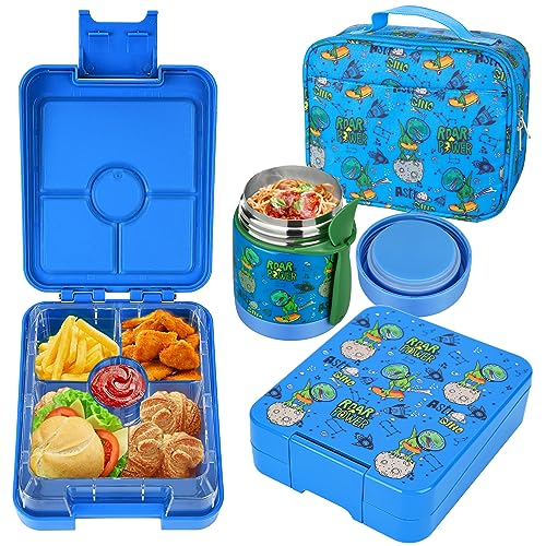 Bento Lunch Box Set for Kids with 10oz Soup Thermo, Leak-Proof Lunch Containers with 4 Compartment, Kids Thermo Hot Food Jar and Insulated Lunch Bag for Kid to School,BPA-Free(Dragon) - color: Blue-Tyrannosaurus Rex