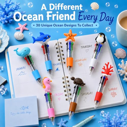 30PCS Ocean Animal Multicolor Pens, 4 Color Ballpoint Pens Bulk, Retractable Novelty Pens with Whale Shark Turtle Sea Creature Toppers, Cute Writing Pens for Journaling, Office Supplies, Planner - style: Sea Animals