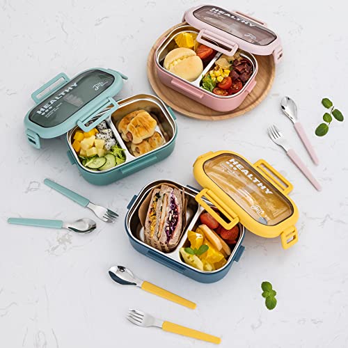 Lille Home 28oz Stainless Steel Leakproof 2-Compartment Bento Lunch Box/Portion Control Food Container with Lunch Bag and Cutlery Set, BPA Free (Blue) - color: Blue