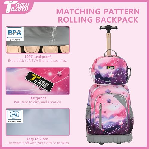 NEW TILAMI 16 Inch Rolling Backpack with Lunch Bag for Kids Adjustable Handle Carry-on Suitcase Wheels for Girls Boys School Travel Camping, Pink - Purple Galaxy - color: Pink - Purple Galaxy