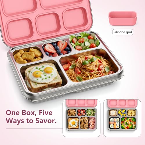 Pawtong Stainless Steel Lunch Box, 5-Compartment Bento Lunch Box for Kids & Adults,Metal Lunch Box with Removable Silicone Container, Lunch Box Containers for School,Office(Pink) - color: Pink