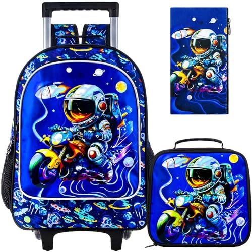HPJGD 3PCS Astronaut Rolling Backpack for Boys, Kids School Backpacks with Wheels, Water Resistant UV Printed Roller Wheeled Bookbag Set - color: Boys Motorbike Astronauts Rolling Backpack Blue