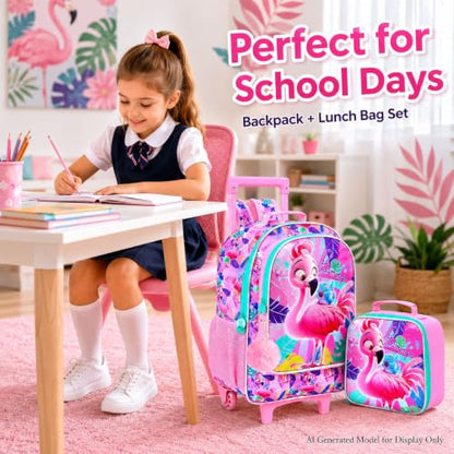 gxtvo Girls Rolling Backpack, Cute Flamingo Roller Wheels Kids Bookbag - Wheeled Elementary School Bag - 3PCS Flamingo - color: Uv Printing Flamingo Pink Rolling Backpack