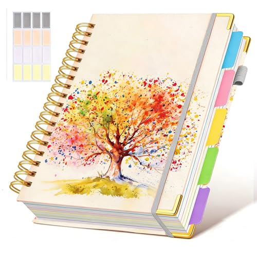 Hardcover Spiral Notebook Journal with Removable Dividers Tabs, 300 Pages 5 Subject Notebook College Ruled, 100GMS Notebooks for Work School Note Taking,Lined Journal for Women,Colorful Tree of Life - color: Colorful Tree of Life, size: 8"x10"