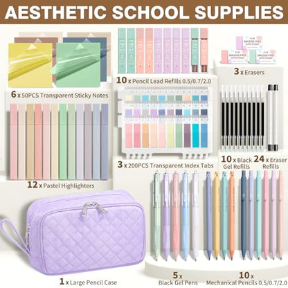 62PCS Aesthetic Back to School Supplies w/ Cute Pencil Case Stationary Set | Pastel Highlighters Black Ink Gel Pens Mechanical Pencils College Essentials, Preppy School Supplies for Student Girls Women - color: Purple