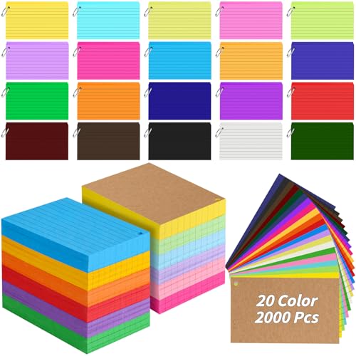 2000 PCS Flash Cards 3 x 5 Inch Ruled Index Cards with Ring | 20 Assorted Colors, Punched Cards, Heavy Paper, Studying, Office, School, Vocabulary, Revision, Note Taking - size: 3 x 5 inch, style: Index Cards with Ring