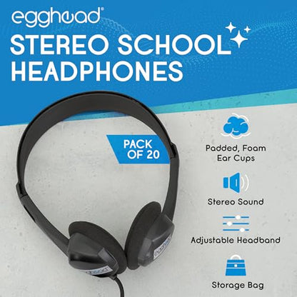 Egghead Over-Ear Kids' Stereo Headphones with 3.5 mm. Audio Jack and 4'3" Cord, Adjustable Stereo School Headphones for Kids, Pack of 20, Black - size: 20 Pack