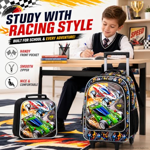 CCJPX 3Pcs Racing Car Rolling Backpack for Boys, 18" Kids Wheeled Bookbag with Lunch Box, Lightweight Roller School Bag for Elementary Preschool(Black) - color: Red Green Race Car
