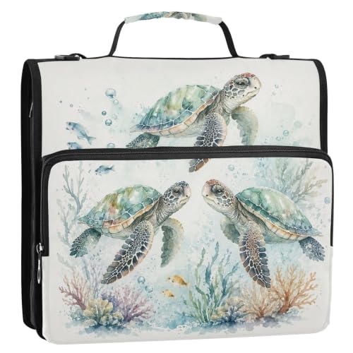 Turtle 3 Ring Zipper Binder Bag with Shoulder Strap for School | 2 Inch 3 Ring, Secure Zippered Closure, Organizer Pockets for Classification, Heavy Duty File Organizer - color: Turtle