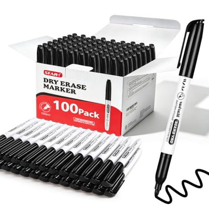 SFAIH Fine Tip Dry Erase Markers - 100 Pack Black Whiteboard Markers for Training Centers, Conference Rooms & Multi-Classroom Use | Low-Odor, Non-Toxic, Easy Clean