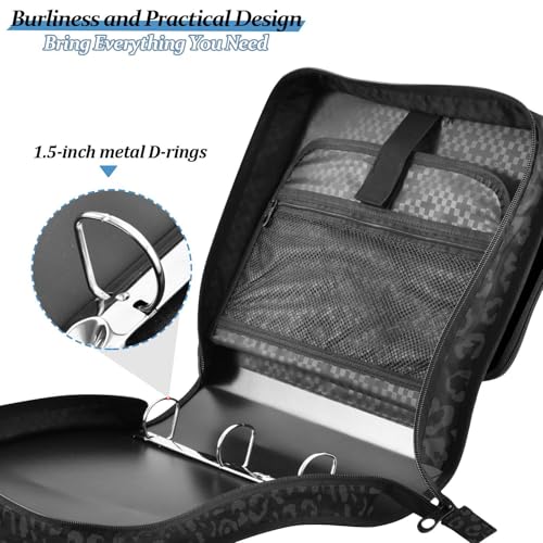 Zipper Binder Bag 3 Ring File Folder Portfolio Organizer Zippered Binder Bags with Strap Fits Laptop Women Men - color: 12-leopard Black