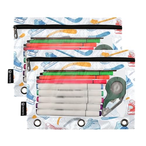 Pencil Pouch 3 Ring Sports Hockey Equipment Zipper Pencil Pouches Case Binder Cosmetic Bag 2 Pack for Office School College Supplies - color: Sports Hockey Equipment