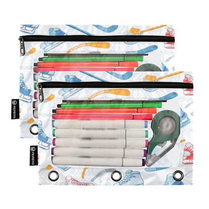 Pencil Pouch 3 Ring Sports Hockey Equipment Zipper Pencil Pouches Case Binder Cosmetic Bag 2 Pack for Office School College Supplies - color: Sports Hockey Equipment