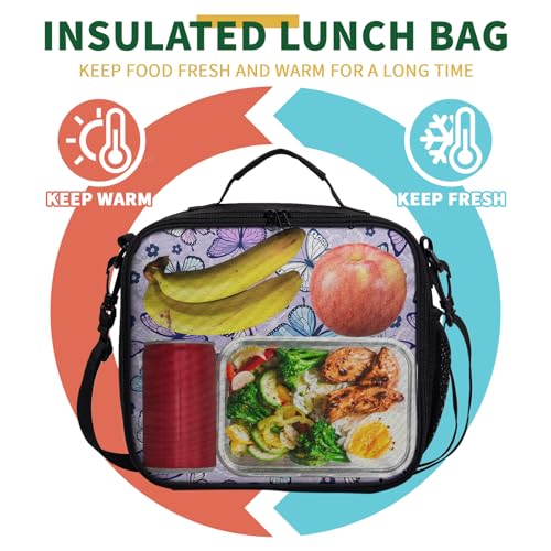 Purple Butterfly Lunch Box Colorful Butterflies Flowers Lunch Bag with Shoulder Strap for Kids Teens Durable Large Capacity Insulated Lunchbox Thermal Meal Bag for School Picnic - color: A-Purple Butterfly