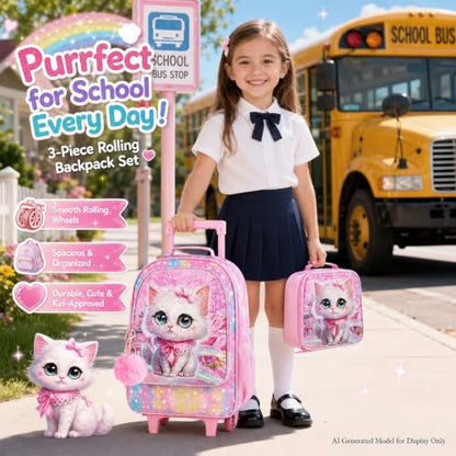 CCJPX 3PCS Rolling Backpack for Girls, Kids Cat Roller Wheels School Bookbag with Lunch Bag, Wheeled School Bag for Toddler Elementary Children - color: Pink Cat