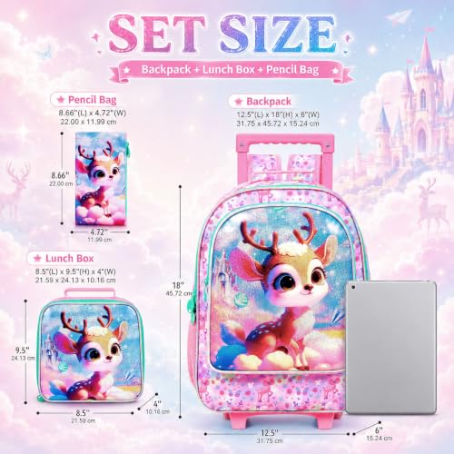 AGSDON 3PCS Kids Rolling Backpack, Girls Roller Wheels Bookbag, Wheeled Elementary School Bag with Lunch Bag - Deer - color: Baiyun Deer Roller