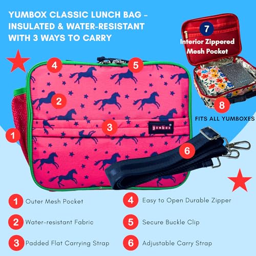 Yumbox Kids Insulated Lunch Bag with Bottle Holder, Horses Print | Holds Lunch Box & Water Bottle | 3 Ways to Carry | Interior Zipper Pocket | Insulated EVA Lining | Wipe-Clean Fabric - color: Horses